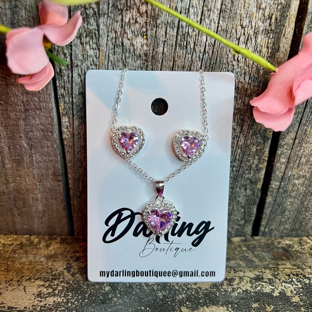 Silver and Pink Heart Jewelry Set